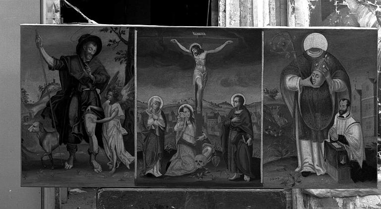 Triptyque peint sur toile : Calvaire entouré de saint Roch et saint Denis