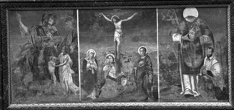 Peinture sur toile : Crucifixion entre saint Roch et saint Denis