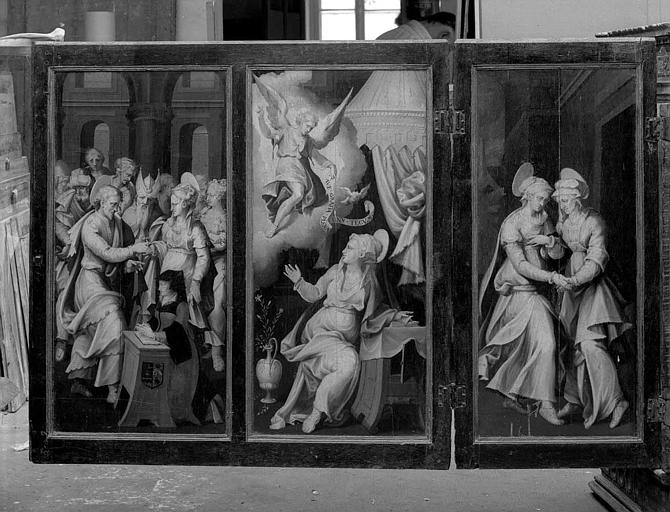 Panneaux peints en grisaille (Volet extérieur droit du retable de la 1e chapelle du collatéral sud) : Mariage de la Vierge, Annonciation, Visitation