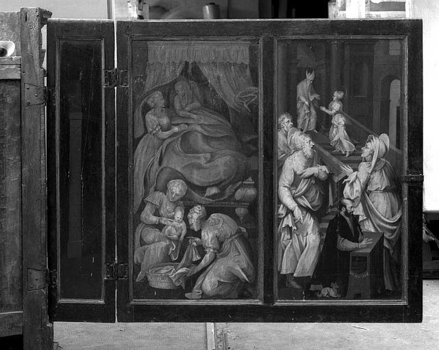 Panneaux peints en grisaille (Volet extérieur gauche du retable de la 1e chapelle du collatéral sud) : Naissance de la Vierge, Présentation au temple