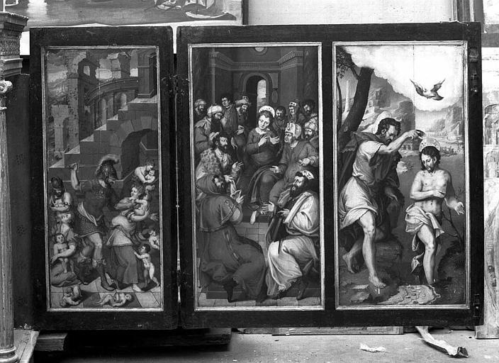 Panneaux peints en grisaille (Volet extérieur gauche du retable de la 1e chapelle du collatéral sud) : Massacre des Innocents, Jésus parmi les docteurs, Baptême du Christ