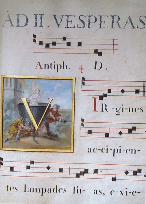 livre liturgique (antiphonaire) : livre des offices à l'usage du prieuré Saint-Honorine de Conflans, détail