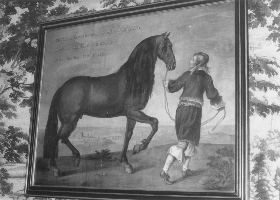 tableau : Cheval de Monseigneur 'le Milord Anglais' mené à l'exercice par un page de la grande écurie en 1612