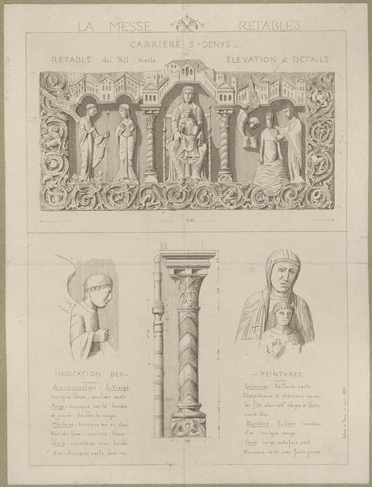 retable : L'Annonciation ; la Vierge en majesté tenant l'Enfant ; le Baptême du Christ