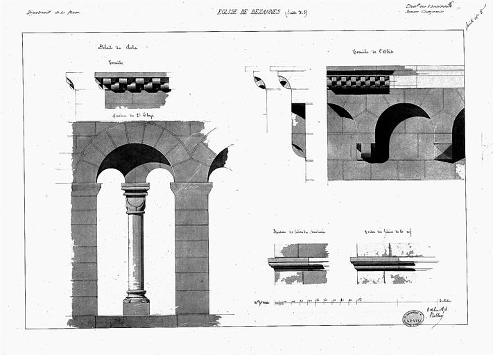 Détails, corniche et arcature du clocher, corniche de l'abside, bandeau des piliers