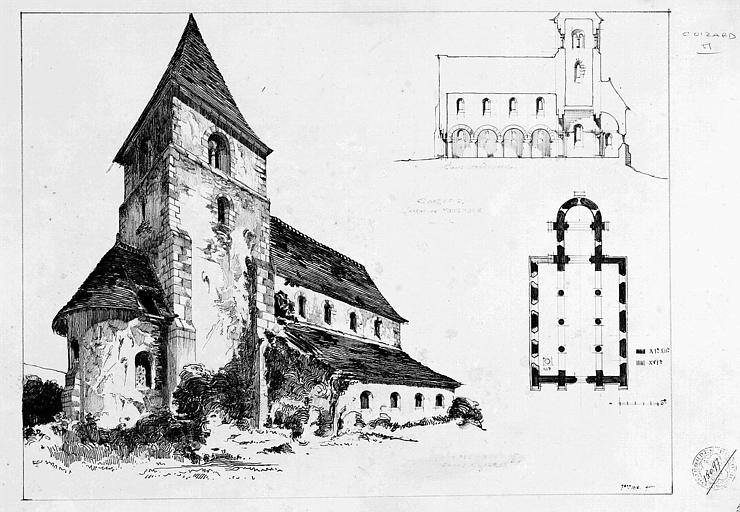 Plan, coupe longitudinale et vue perspective (plume et sépia)