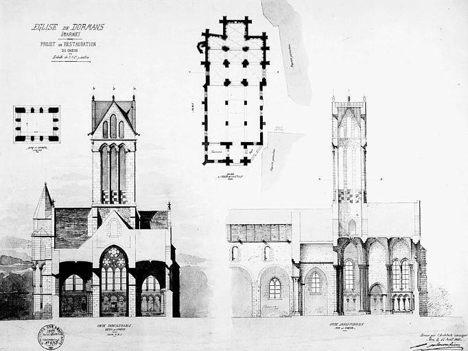 Projet de restauration du choeur : Plan, coupes transversale et longitudinale