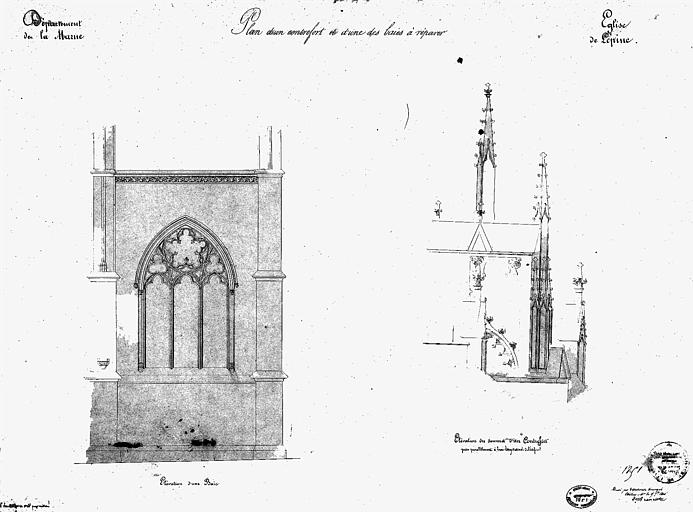 Elévations d'un contrefort et d'une des baies à réparer, élévations