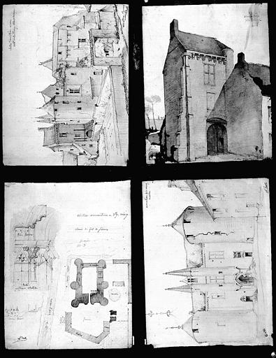 Quatre dessins à la mine de plomb rehaussé d'aquarelle : Plan et vues perspectives