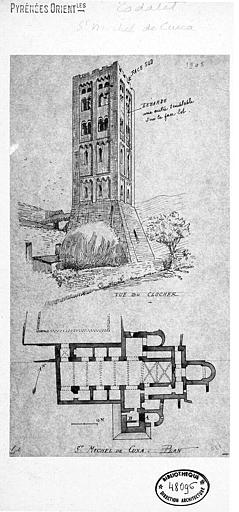 Plan et vue perspective du clocher (plume)