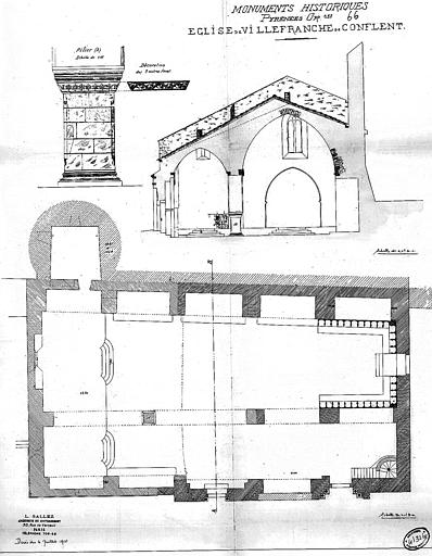 Plan, coupe transversale et détail du pilier et de sa décoration