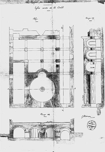 Plan et coupes de l'église ronde de la crèche (calque)