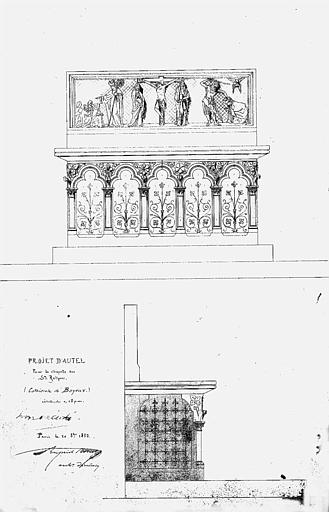 Projet d'autel pour la chapelle des Saintes Reliques (dessin à la plume, encres noire et bleue)