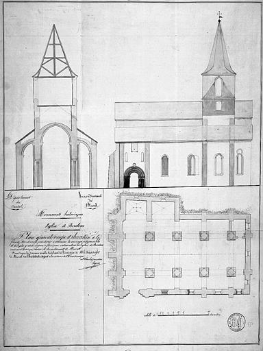 Plan général, coupe transversale et élévation de la façade méridionale