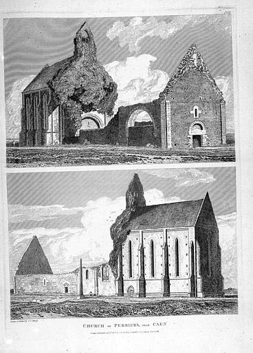 Gravure : Vue d'ensemble de l'église en ruines