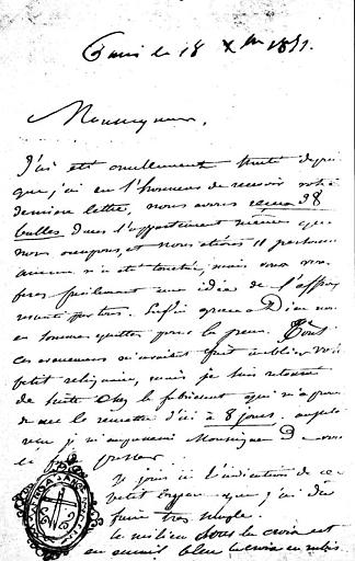 Lettre de Lassus à Monseigneur Pie, relative à une châsse reliquaire de Sainte-Radegonde (recto)