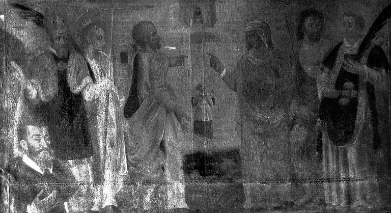 Peinture sur toile : Présentation de la Vierge aux saints (saint évêque, sainte ?, saint Joachim, sainte Anne, saint Jean-Baptiste, saint Etienne et le donateur)