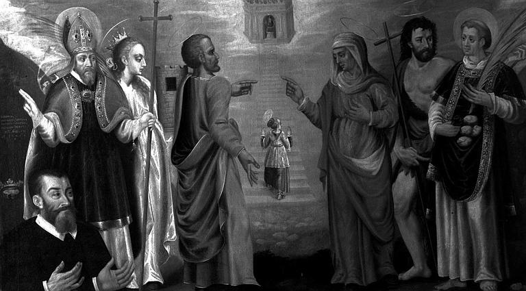 Peinture sur toile : Présentation de la Vierge aux saints (saint évêque, sainte ?, saint Joachim, sainte Anne, saint Jean-Baptiste, saint Etienne et le donateur)