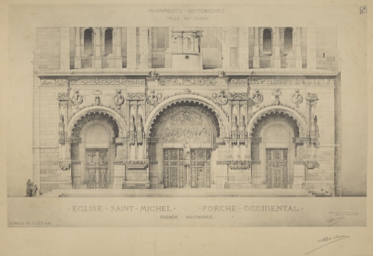 Reproduction d’un dessin des portails de la façade restaurée