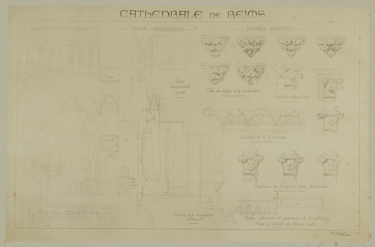 Reproduction de dessins de détails de la cathédrale, de coupes et d’élévations