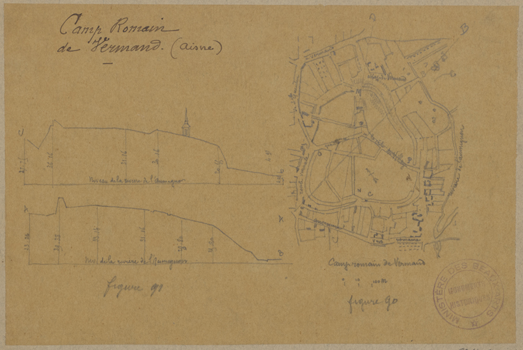 Dessin sur calque : plan et coupe du camp romain