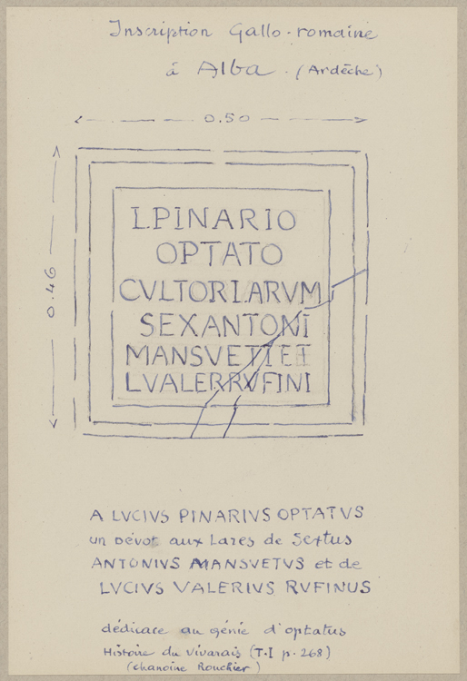 Dessin : plaque commémorative avec inscription en latin à Lucius Pinarius Optatus - © Ministère de la Culture (France), Médiathèque du patrimoine et de la photographie, diffusion GrandPalaisRmn Photo