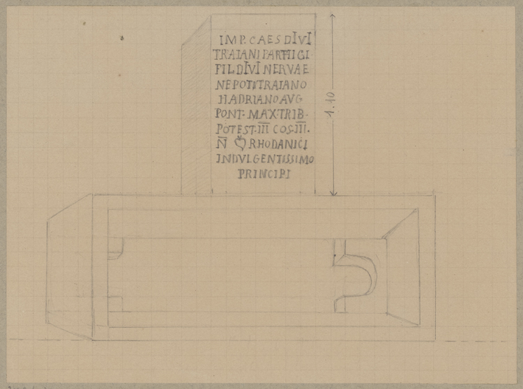 Dessin sur papier millimétré : autel avec inscription à Trajan