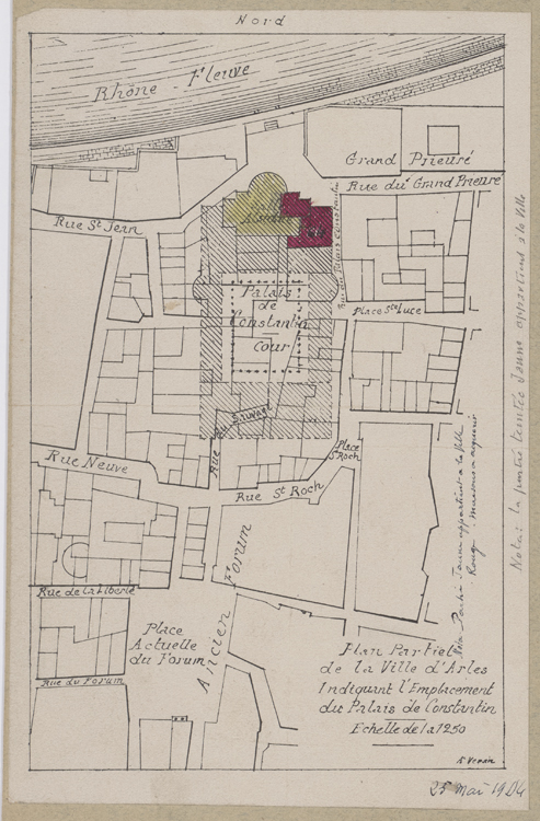 Dessin : plan partiel de la ville d’Arles indiquant l’emplacement du palais de Constantin