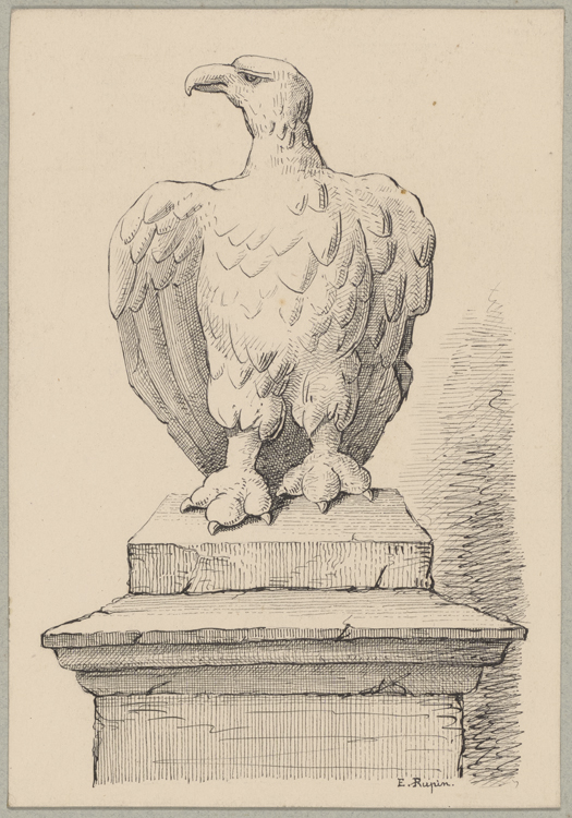Gravure : statue en pierre d'un aigle romain, vue de face