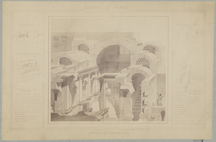 Reproduction d’une gravure : nymphée (étude de la construction), vue intérieure de la cella et fragments