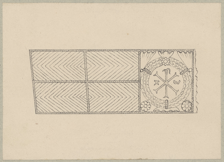 Dessin à l’encre : relevé d’un sarcophage chrétien en pierre avec Chrisme, alpha et oméga