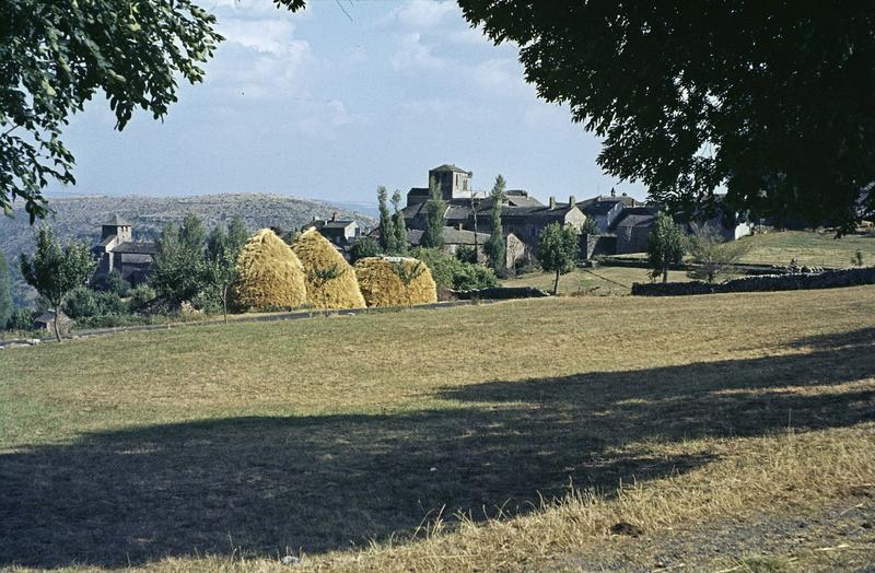 Vue générale du village et des deux églises, meules de foin au premier plan