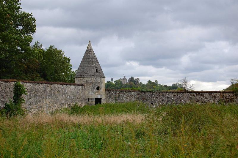 vue partielle des murs de clôture, tour située à l'angle nord-est, à l'arrière plan le donjon de Vez