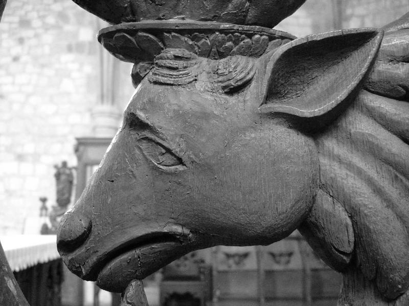 clôture de choeur (table de communion), stalles, statues : détail de la sculpture d'une stalle