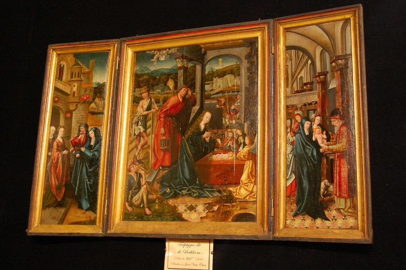 tableau (triptyque) dit de Béthléem : Nativité (la), adoration des bergers, Arrivée à Bethléem, circoncision (la), vue générale