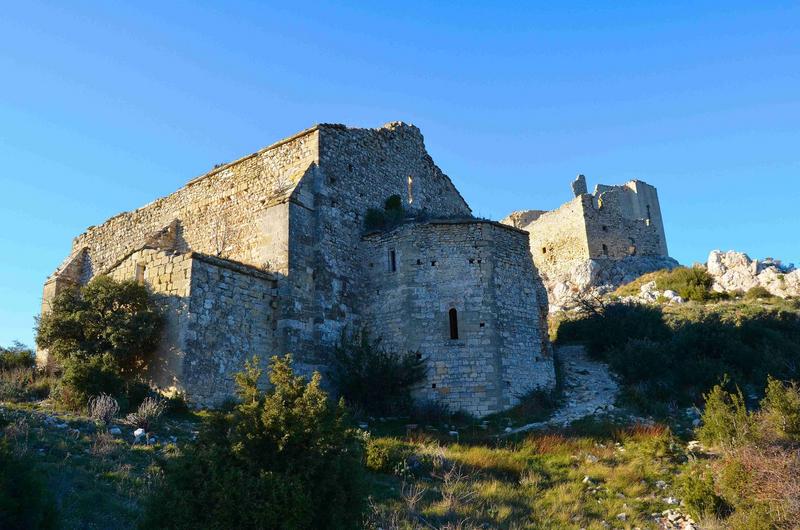 vue générale de l'église dans son environnement, à l'arrière plan la château de Roquemartine