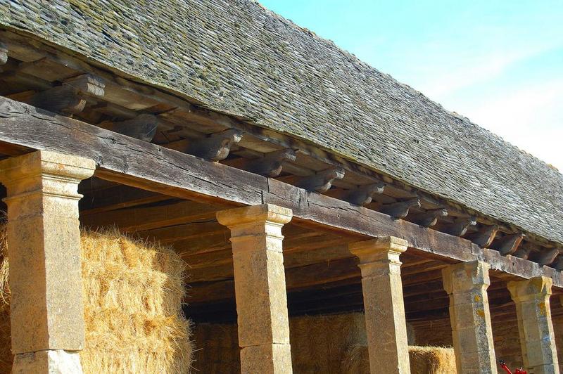 grange, façade ouest, vue partielle des piliers et de la poutraison