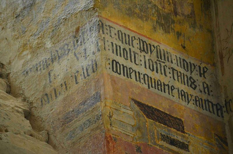 peintures monumentales : scènes inspirées de la légende de Tristan et Iseut, mur sud, détail des textes