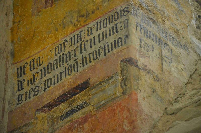 peintures monumentales : scènes inspirées de la légende de Tristan et Iseut, mur sud, détail des textes