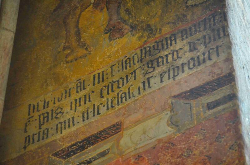 peintures monumentales : scènes inspirées de la légende de Tristan et Iseut, mur sud, détail des textes