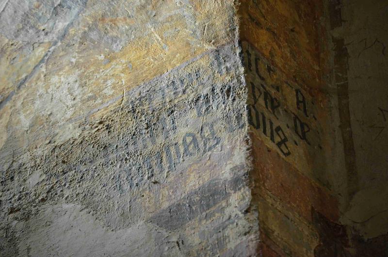 peintures monumentales : scènes inspirées de la légende de Tristan et Iseut, mur sud, détail des textes