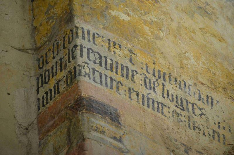 peintures monumentales : scènes inspirées de la légende de Tristan et Iseut, mur sud, détail des textes