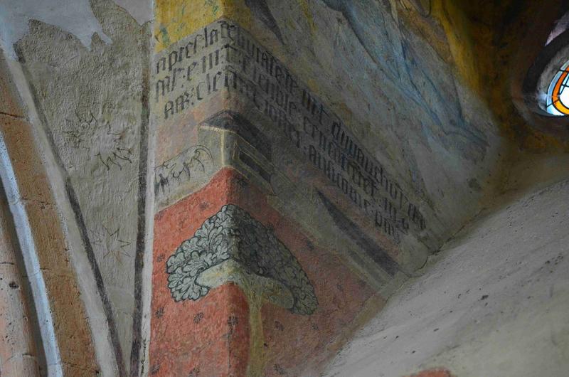 peintures monumentales : scènes inspirées de la légende de Tristan et Iseut, mur est, détail des textes