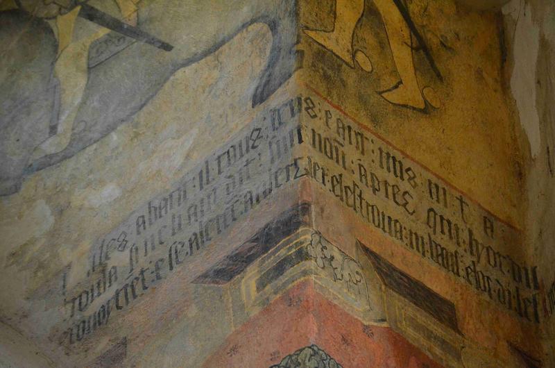 peintures monumentales : scènes inspirées de la légende de Tristan et Iseut, mur est, détail des textes