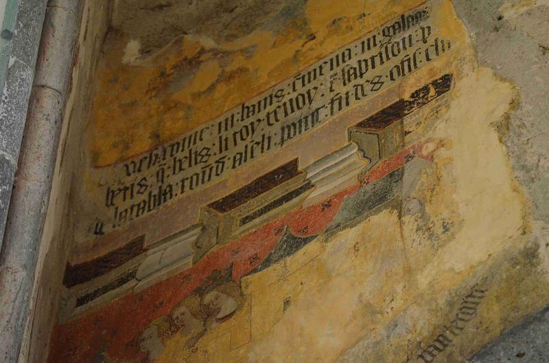 peintures monumentales : scènes inspirées de la légende de Tristan et Iseut, mur sud, détail des textes