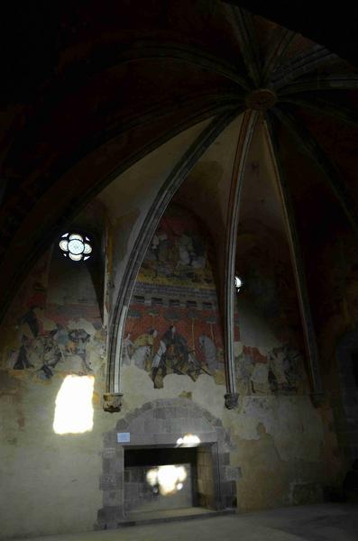 peintures monumentales : scènes inspirées de la légende de Tristan et Iseut, mur nord, vue générale : scène du  combat de Palamède pour sauver Tristan