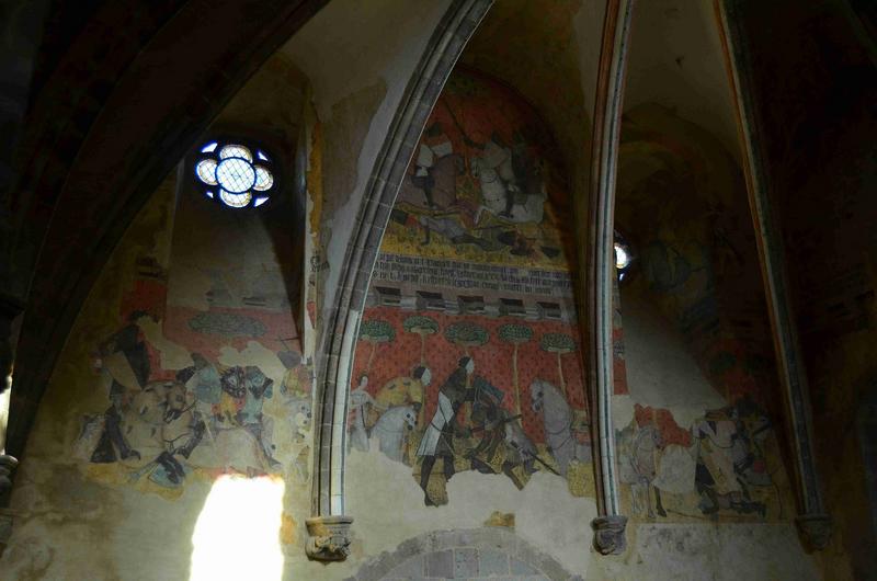 peintures monumentales : scènes inspirées de la légende de Tristan et Iseut, mur nord, vue générale : scène du  combat de Palamède pour sauver Tristan