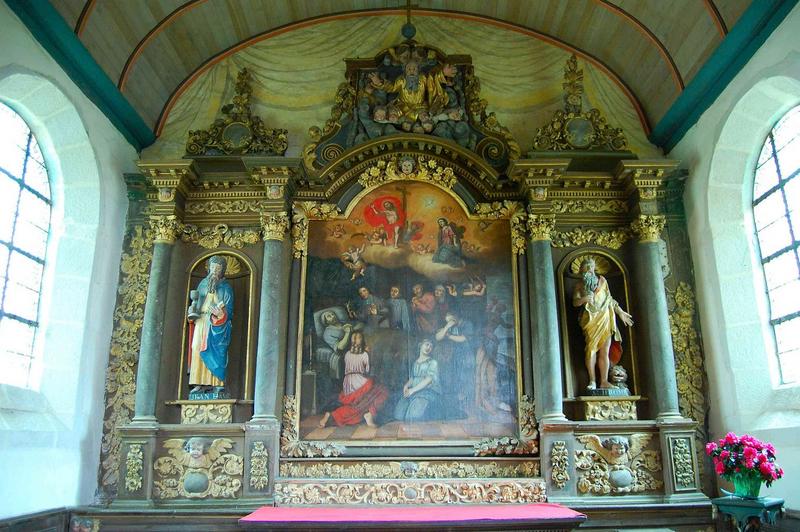 retable latéral nord, 2 statues : Saint Jean, Saint Jérôme, tableau : La Mort du bon chrétien ?