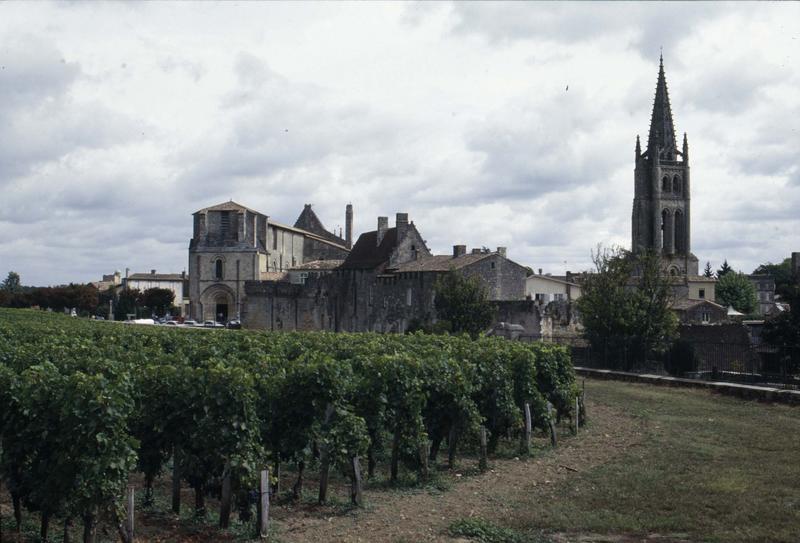 Clocher de l'église monolithe et façade ouest de l'église Saint-Emilion, des vignes au premier plan