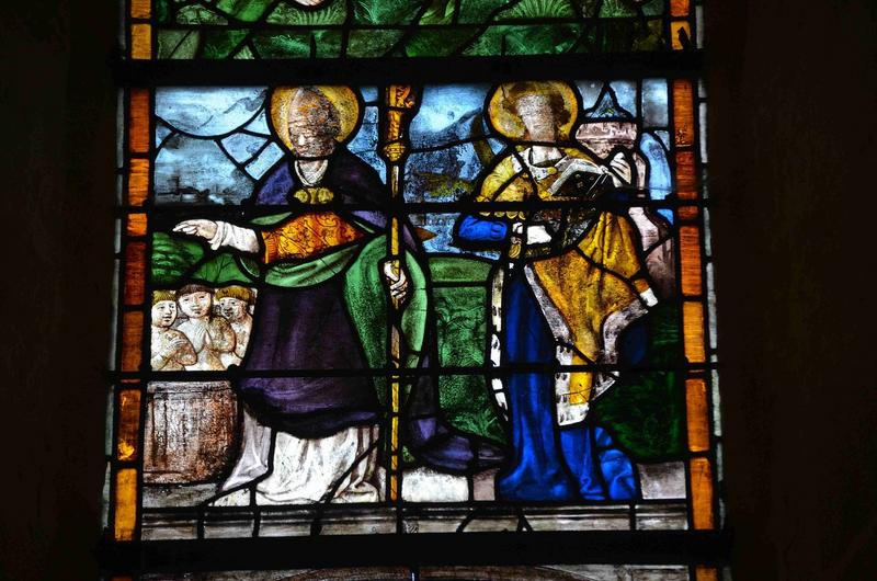 verrière, détail : sainte Barbe et saint Nicolas